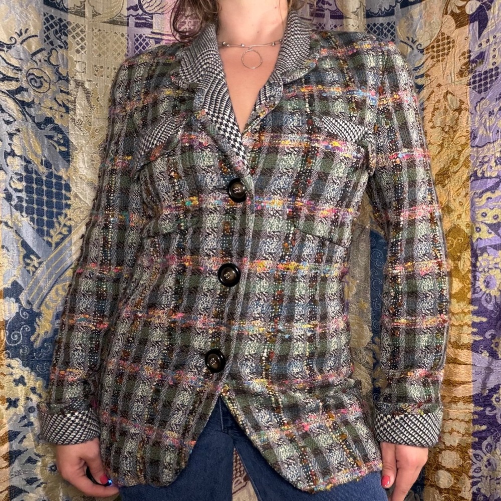 Vintage 90s Shabby Chic Wool Blend Rainbow Tweed Fitted Blazer Women's Size S